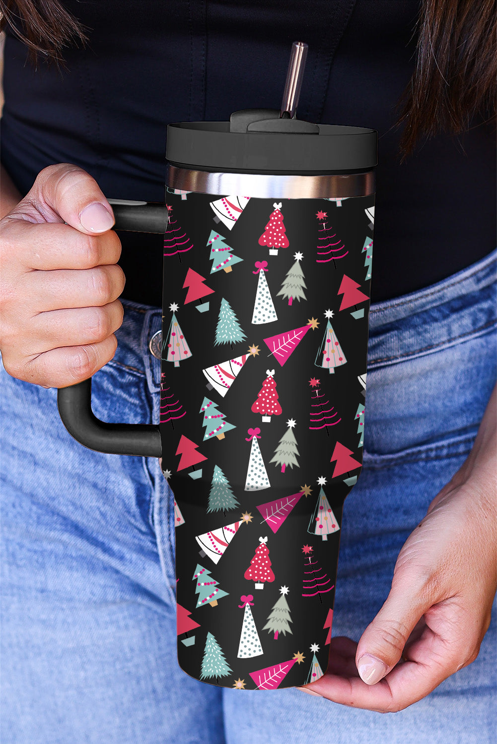 Black Cartoon Christmas Tree Printed Thermos Cup